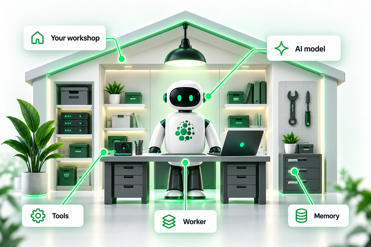 Illustration of a Deepvine.AI worker robot at a desk inside a workshop, with callouts for your workshop, the AI model, tools, the worker, and memory.
